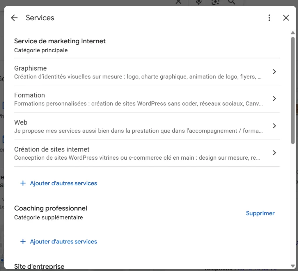 Les services fiche Google Business