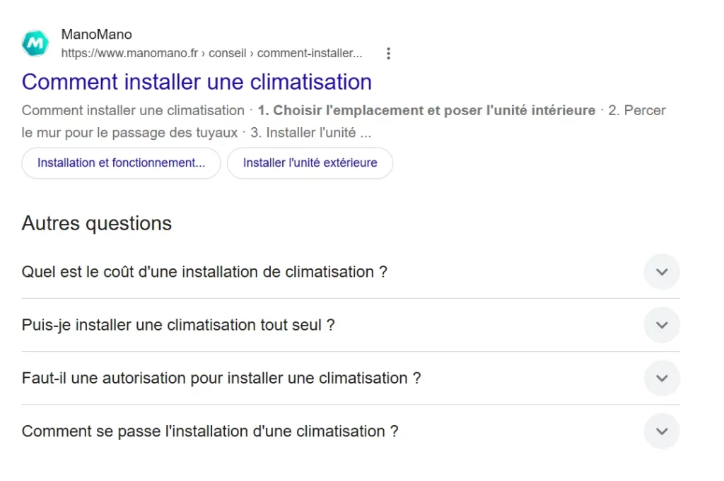 Premiers sites Google et questions suggérées